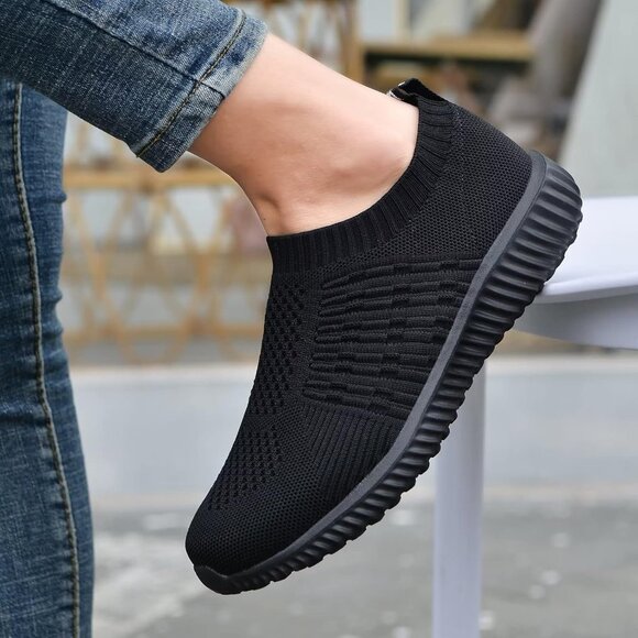 Women's Black Athletic Walking Casual Mesh-Comfortable Tennis Workout Sneakers - Picture 2 of 8